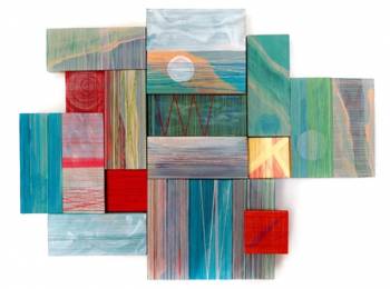 Yoshiko Kanai, Rainy Moon, Acrylic _ Thread on Wood, 13x17